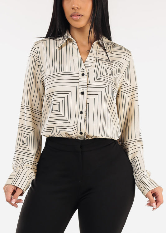 Long Sleeve Button Up Printed Collared Blouse Ivory