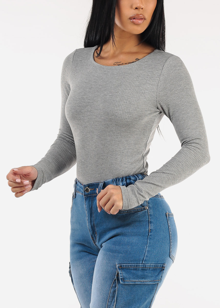 Long Sleeve Round Neck Stretch Ribbed Top Grey