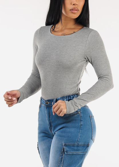 Long Sleeve Round Neck Stretch Ribbed Top Grey