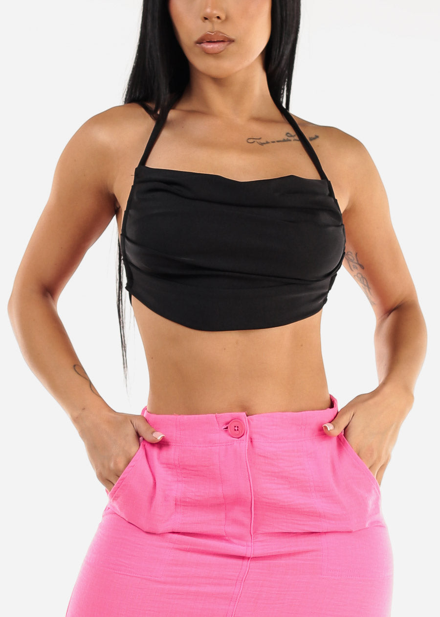 Open Tie Back Black Halter Crop Top