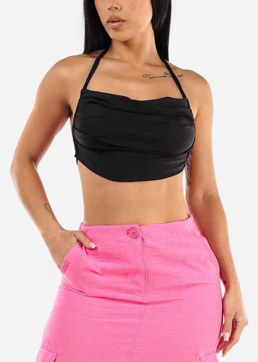 Open Tie Back Black Halter Crop Top