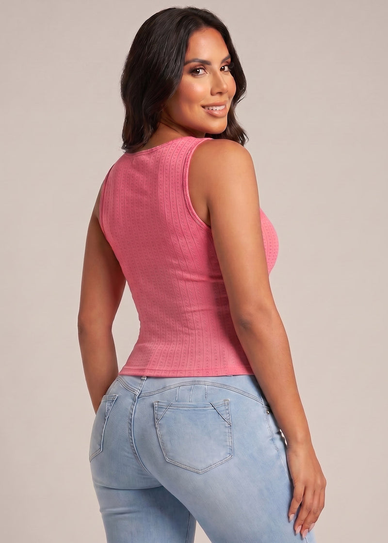 Sleeveless Square Neckline Stretch Tank Top Pink