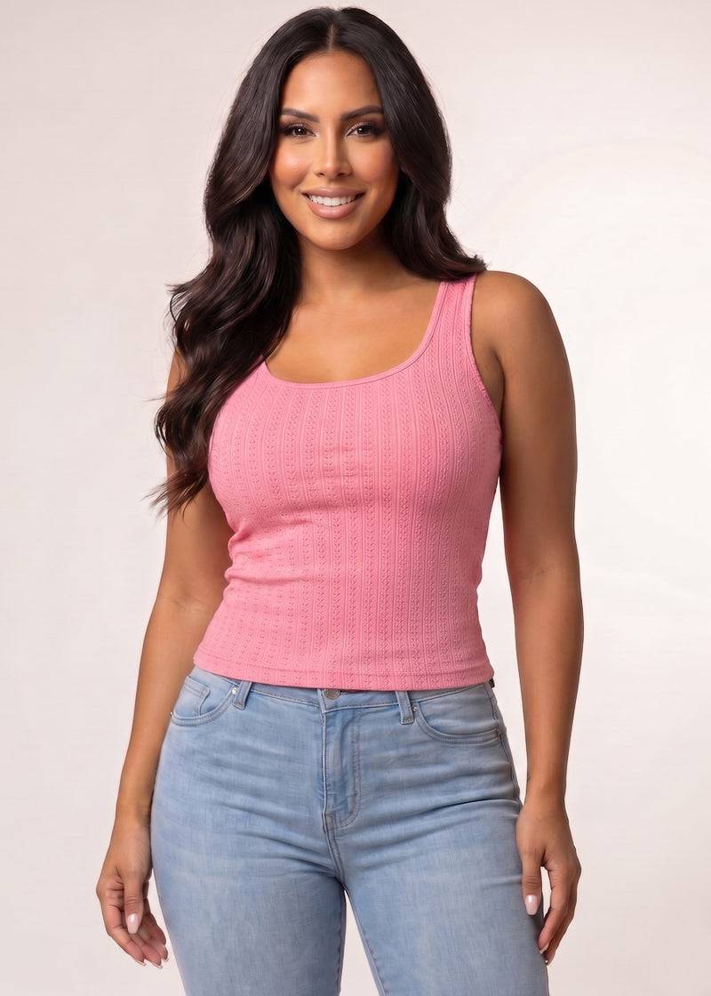 Sleeveless Square Neckline Stretch Tank Top Pink