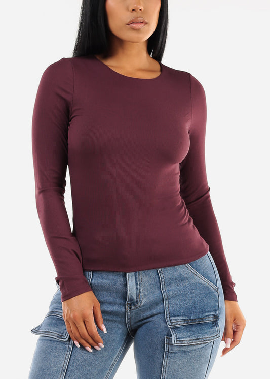 Long Sleeve Crewneck Double Layered Ribbed Top Eggplant