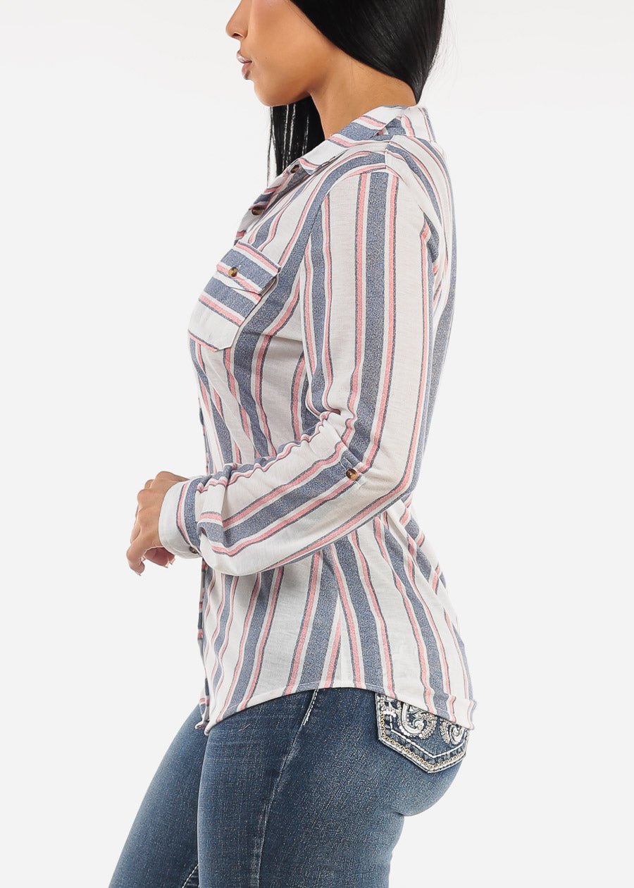 Long Sleeve Button Up Stripe Shirt White & Blue