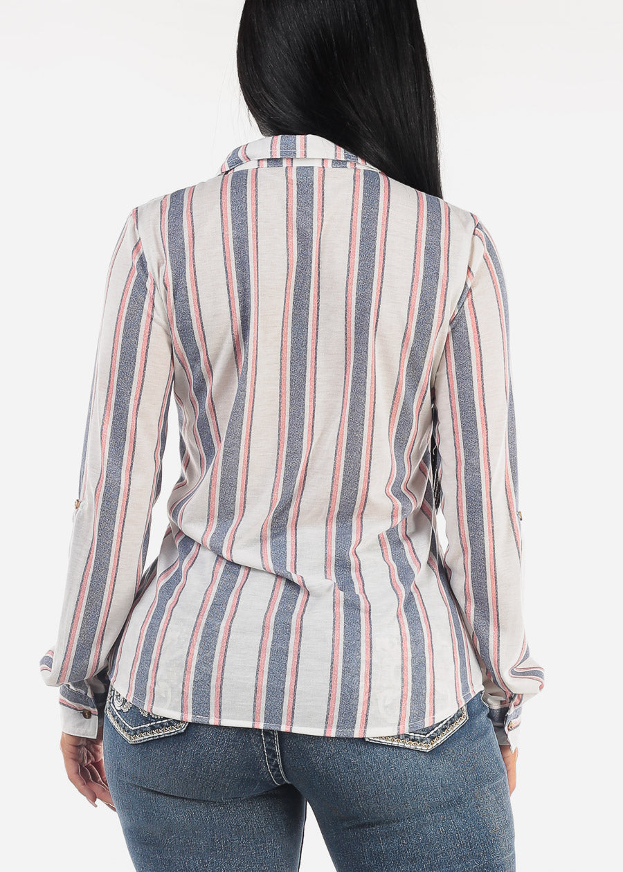 Long Sleeve Button Up Stripe Shirt White & Blue