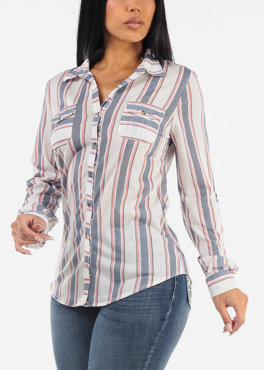 Long Sleeve Button Up Stripe Shirt White & Blue