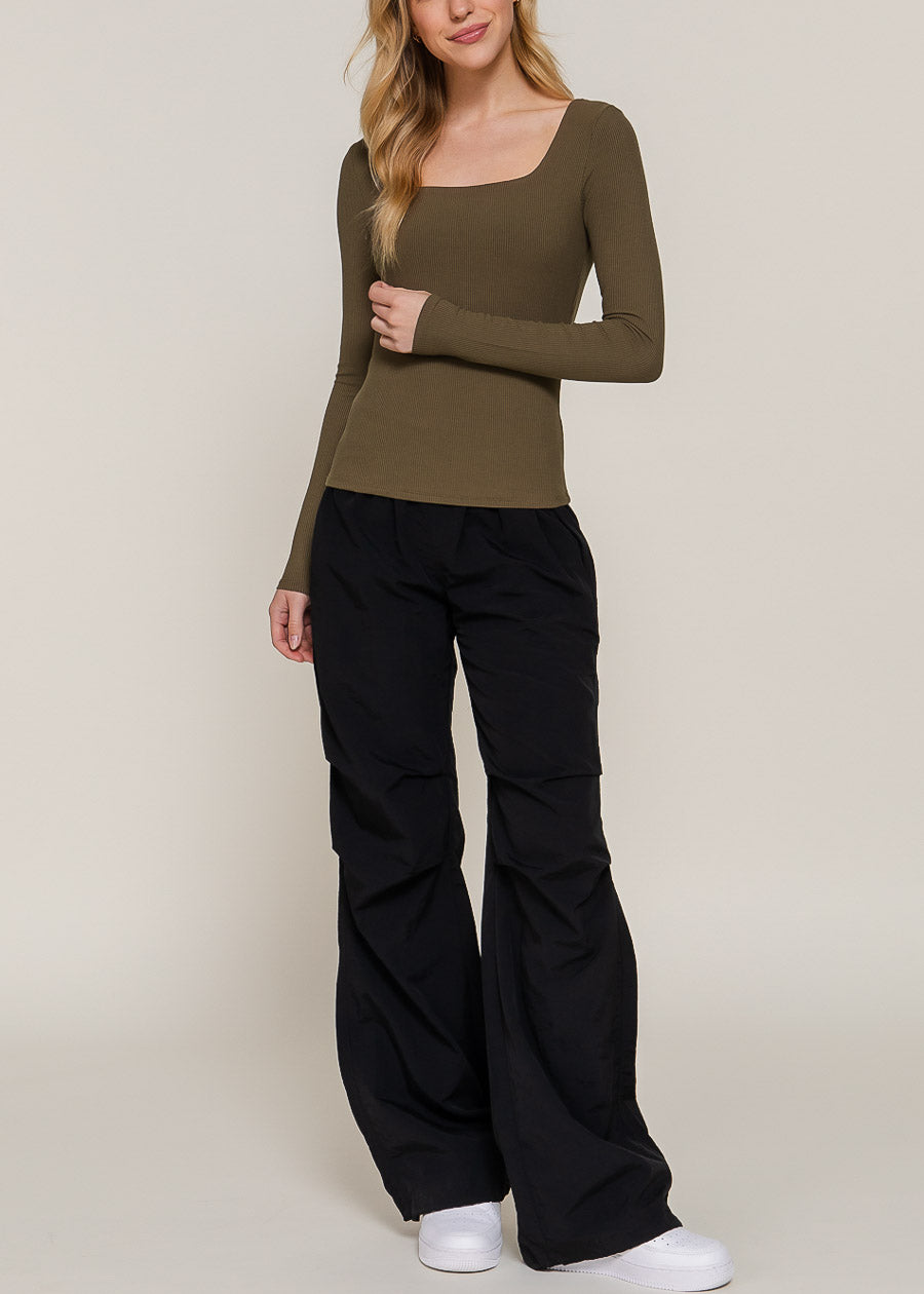 Stretchy Long Sleeve Square Neck Ribbed Top Olive