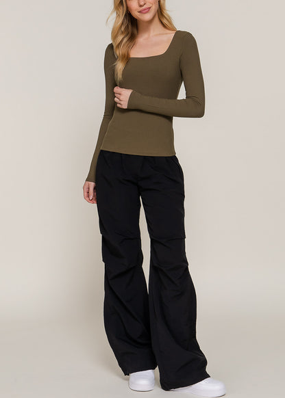 Stretchy Long Sleeve Square Neck Ribbed Top Olive