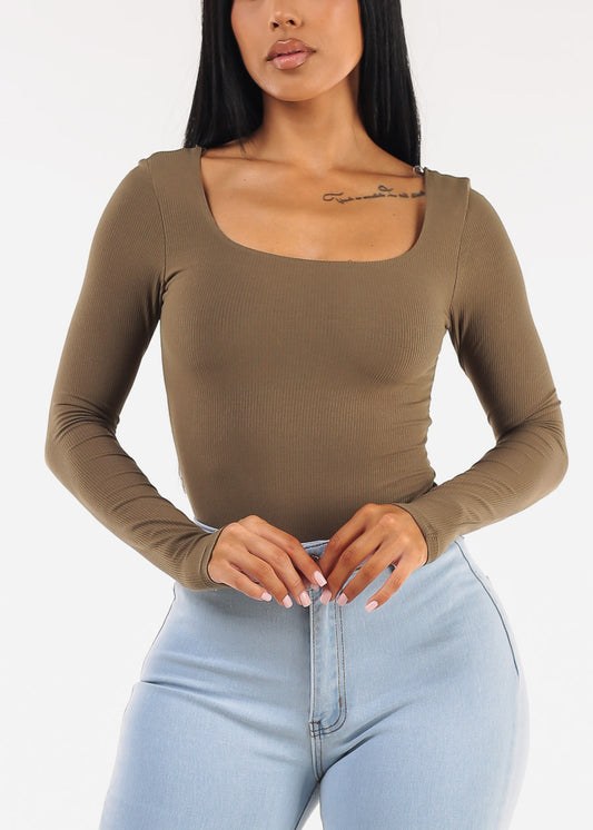 Stretchy Long Sleeve Square Neck Ribbed Top Olive