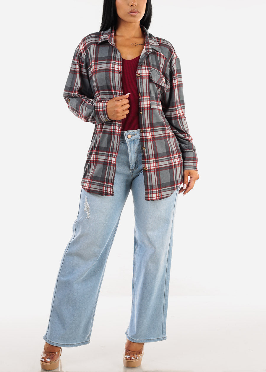 Oversized Plaid Button Down Shacket Grey