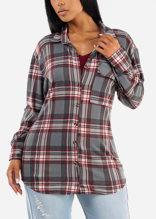 Oversized Plaid Button Down Shacket Grey