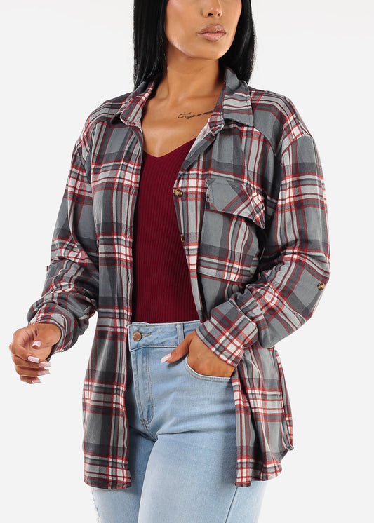 Oversized Plaid Button Down Shacket Grey