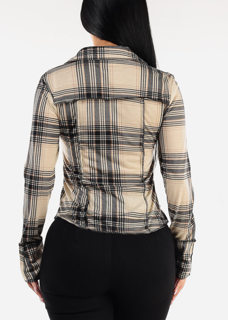 Long Sleeve Button Up Plaid Shirt Black & Beige