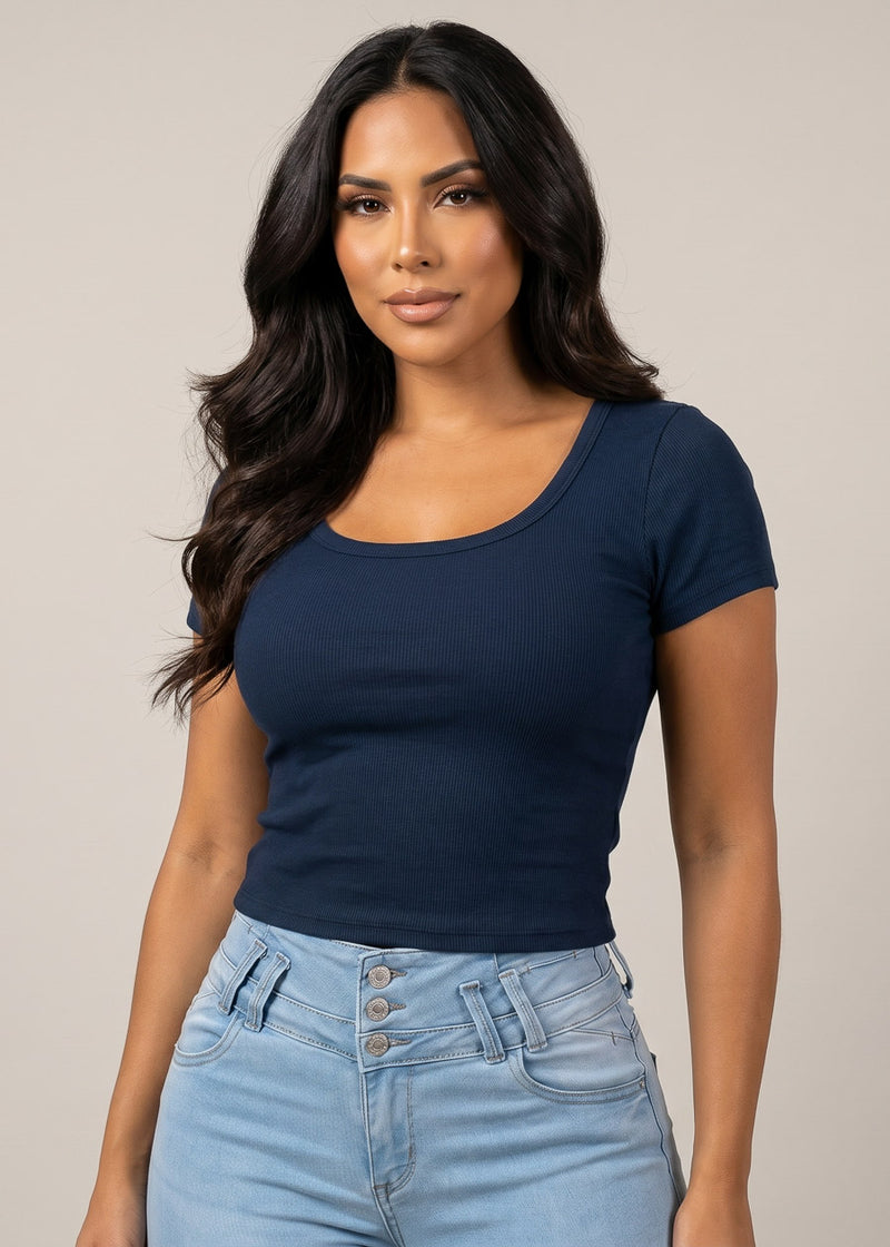 Stretch Short Sleeve Scoop Neck Ribbed Crop Top Navy