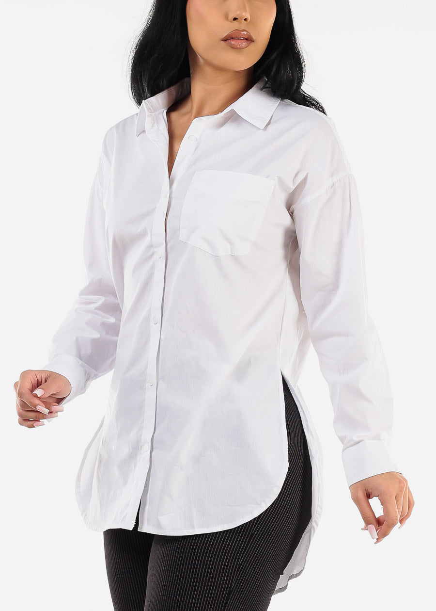 White Button Down Long Sleeve Tunic Shirt w Slits