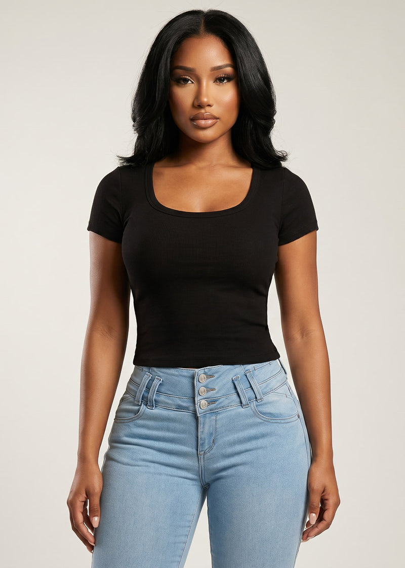 Stretch Short Sleeve Scoop Neck Ribbed Crop Top Black