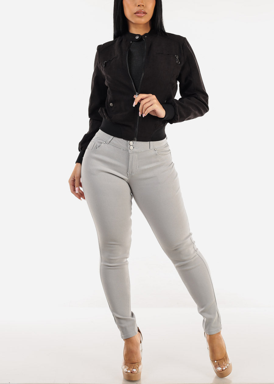 Long Sleeve Zip Up Black Jacket w Ribbed Hem