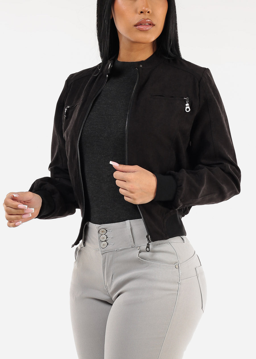 Long Sleeve Zip Up Black Jacket w Ribbed Hem