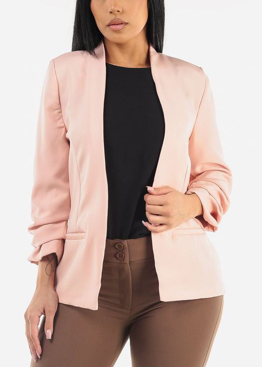 Open Front Ruched Quarter Sleeve Blazer Pink