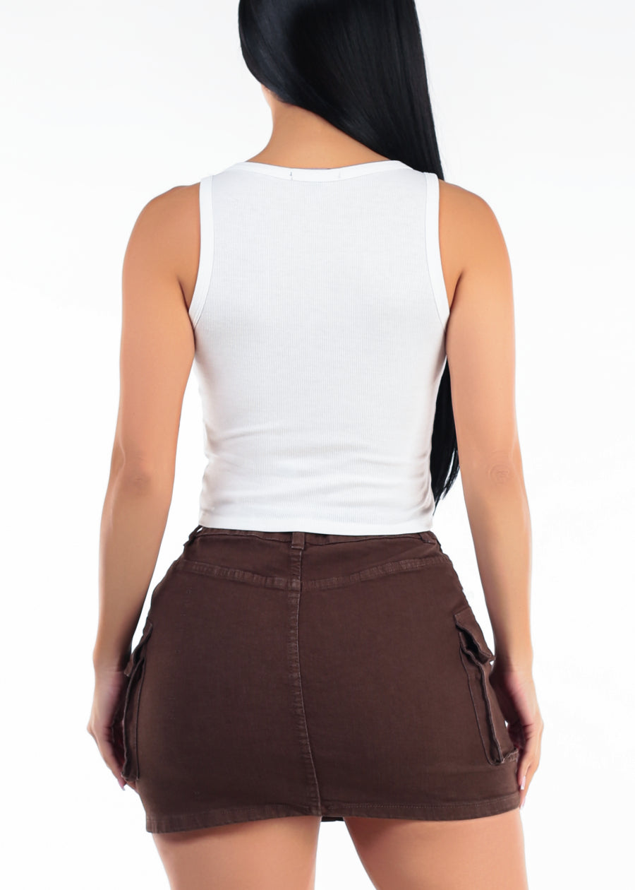 Sleeveless Scoop Neck Henley Ribbed Stretch Tank Top White