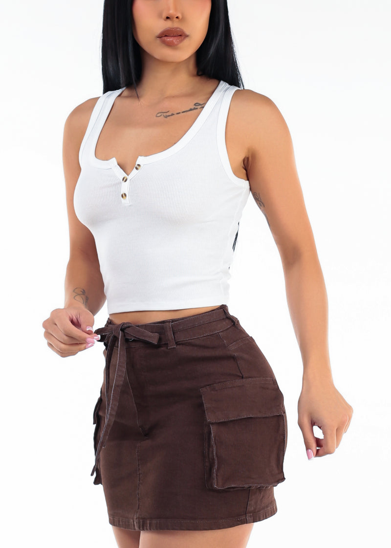 Sleeveless Scoop Neck Henley Ribbed Stretch Tank Top White