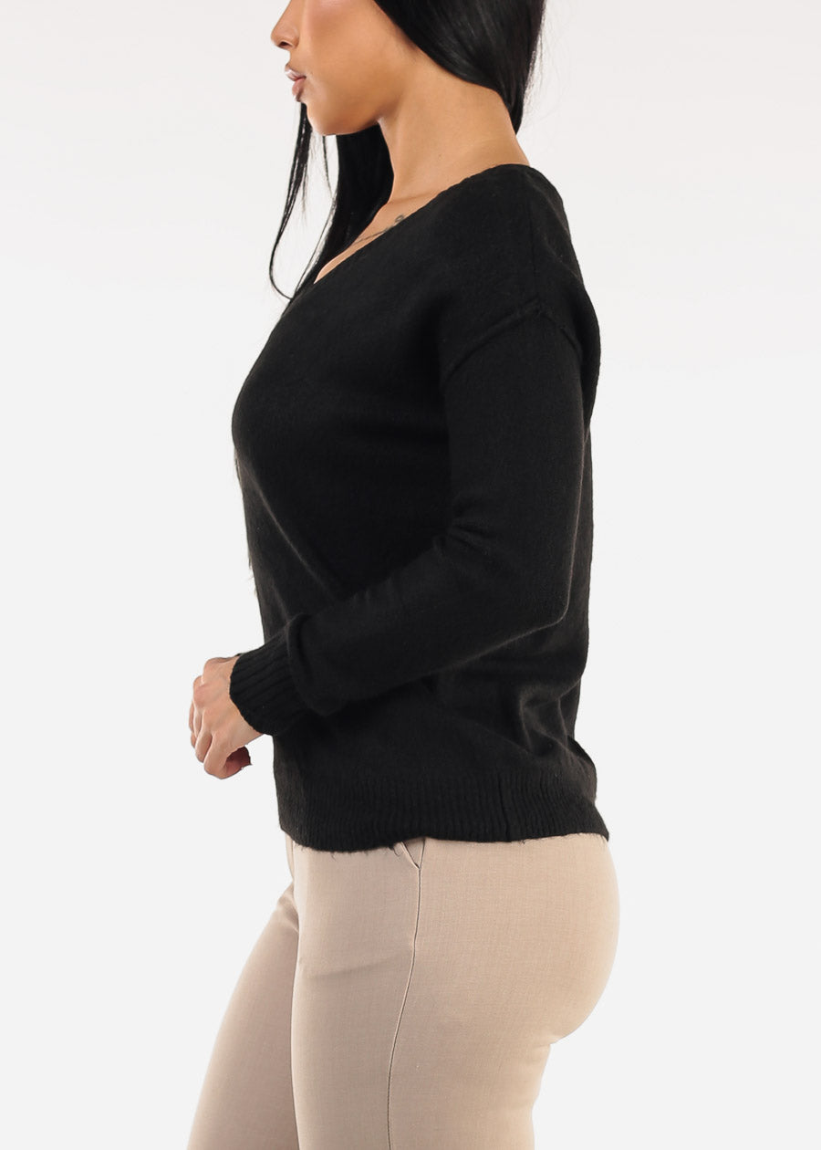 Black Long Sleeve Vneck Knitted Sweater