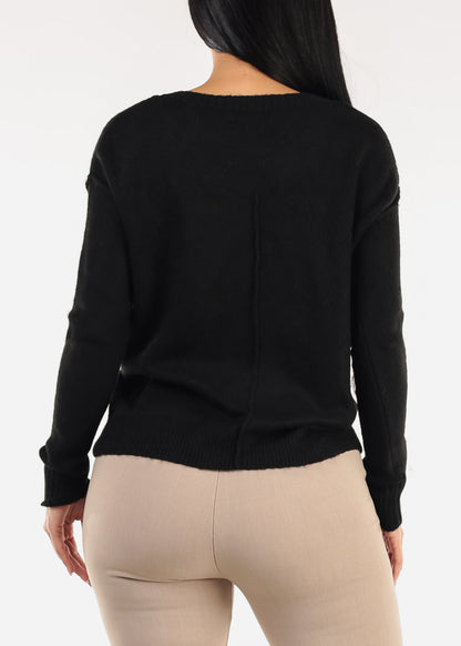 Black Long Sleeve Vneck Knitted Sweater