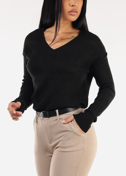 Black Long Sleeve Vneck Knitted Sweater
