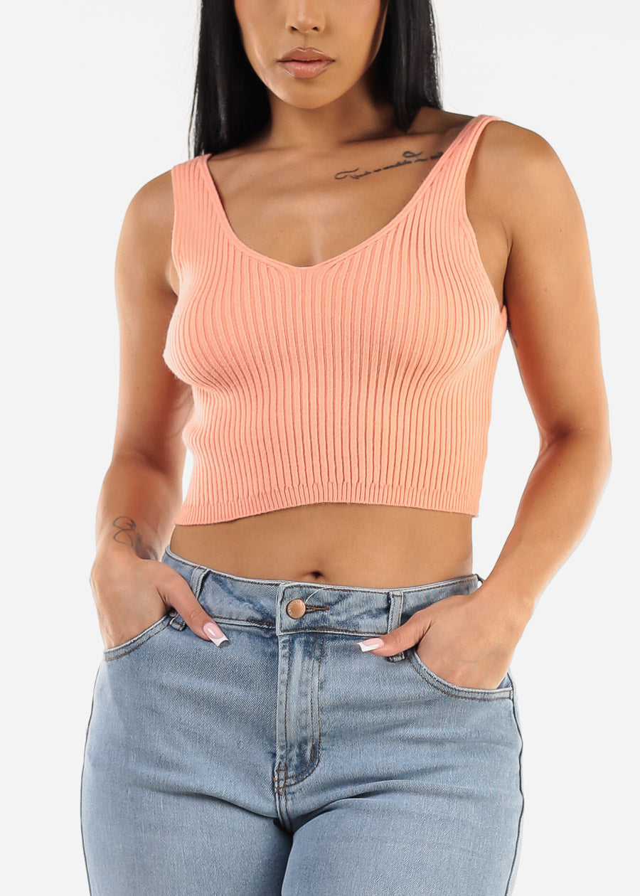 Sleeveless Crop Top & Cardigan Sweater Peach (2 PCE SET)