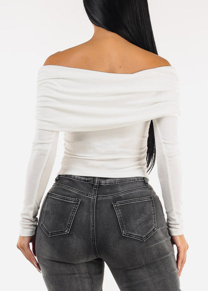 Ruched Off Shoulder Stretch Top White