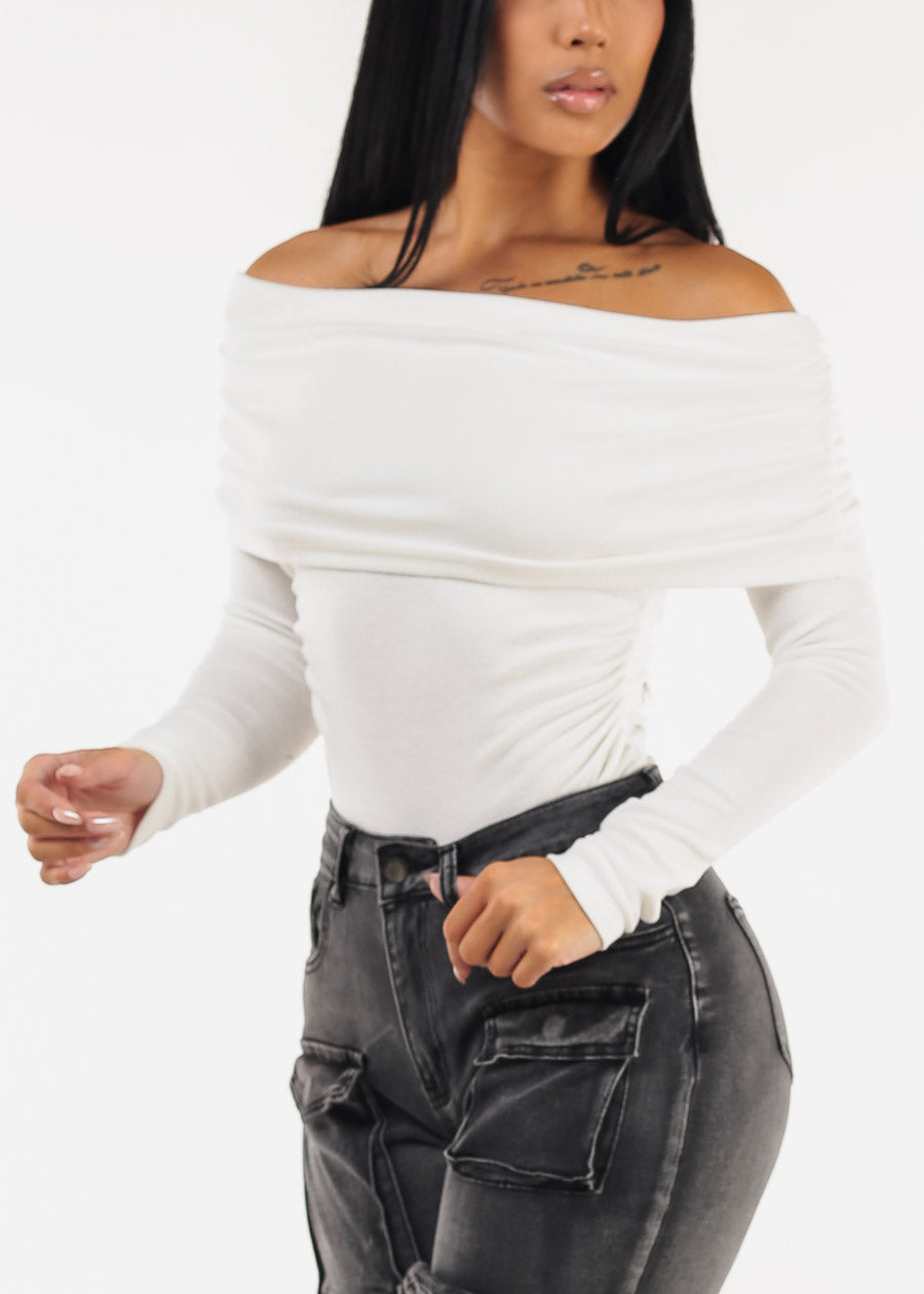 Ruched Off Shoulder Stretch Top White