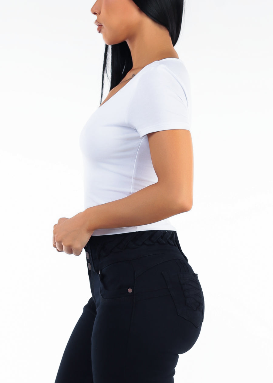 Vneck Short Sleeve Stretch Crop Top White