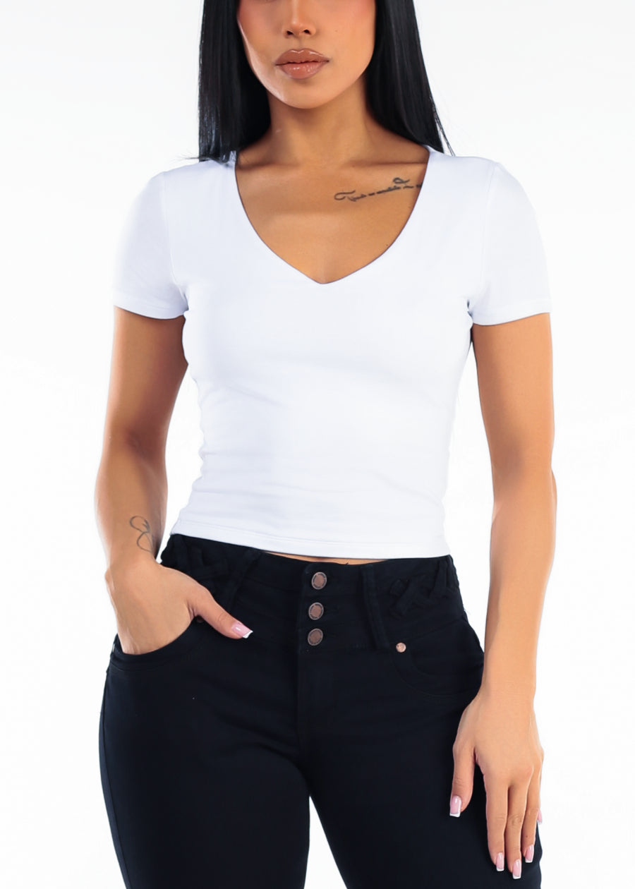 Vneck Short Sleeve Stretch Crop Top White