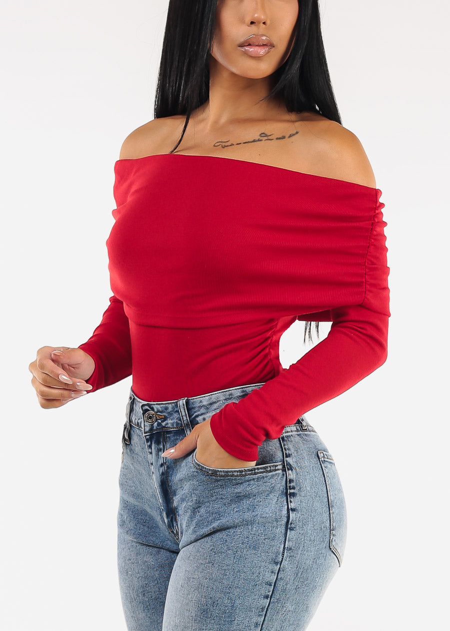 Ruched Off Shoulder Stretch Top Red