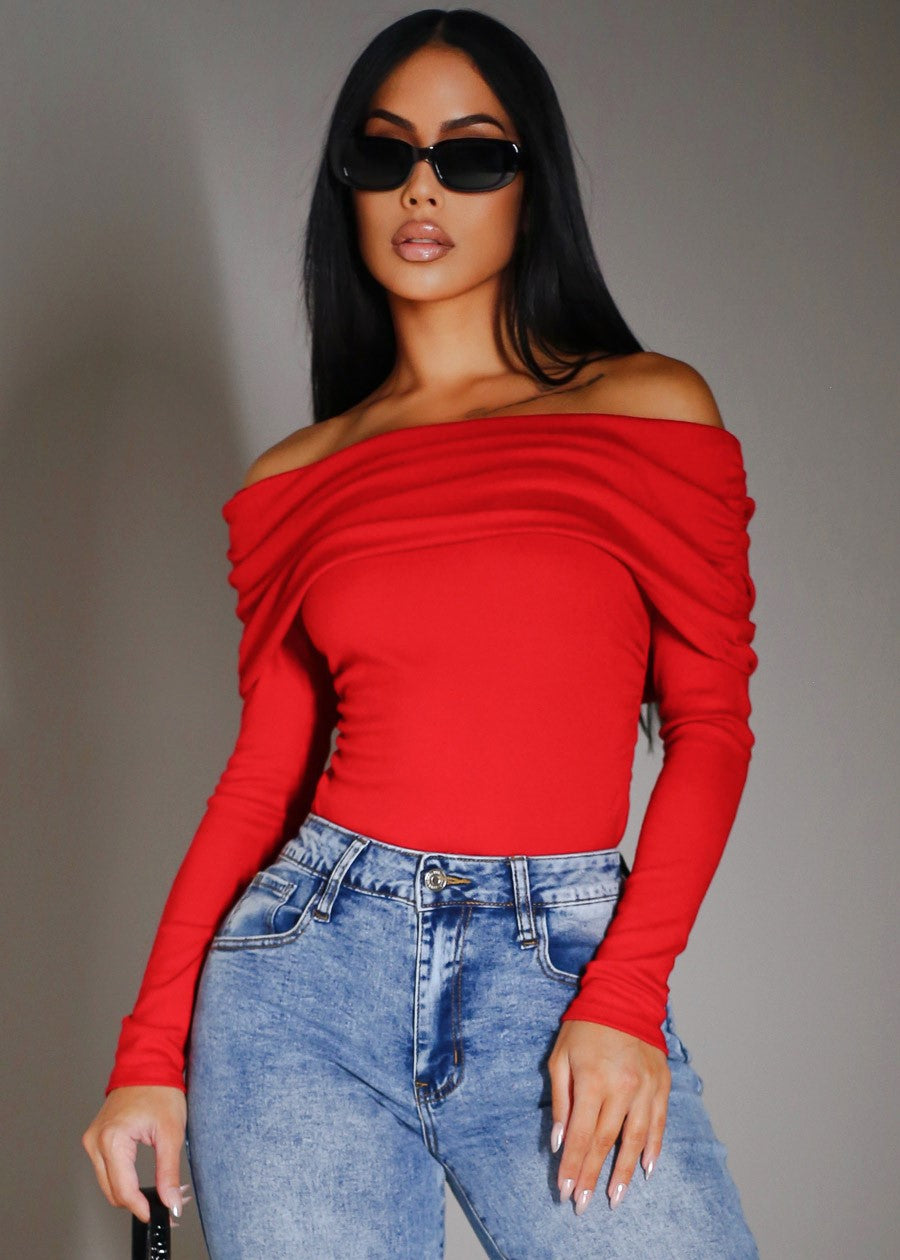 Ruched Off Shoulder Stretch Top Red