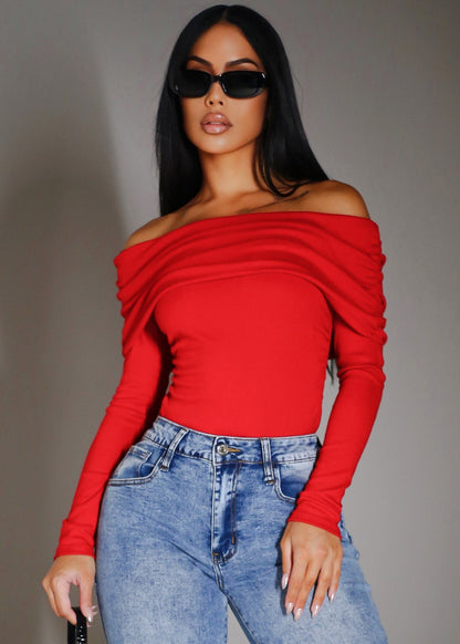Ruched Off Shoulder Stretch Top Red