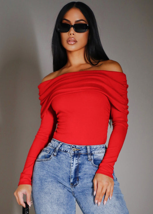 Ruched Off Shoulder Stretch Top Red