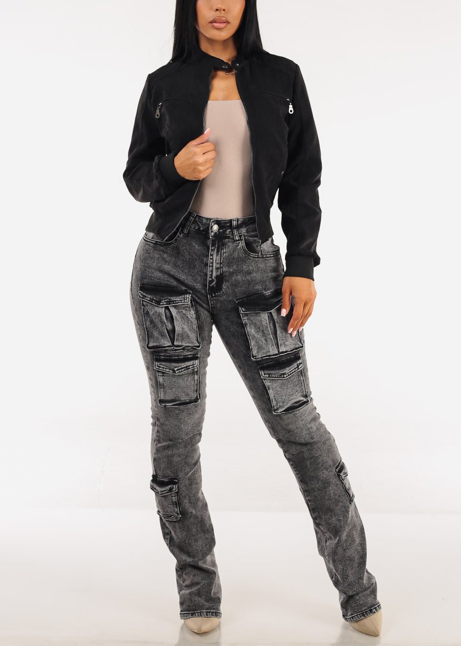 Stretchy Long Sleeve Square Neck Ribbed Top Taupe