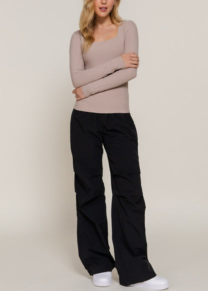 Stretchy Long Sleeve Square Neck Ribbed Top Taupe