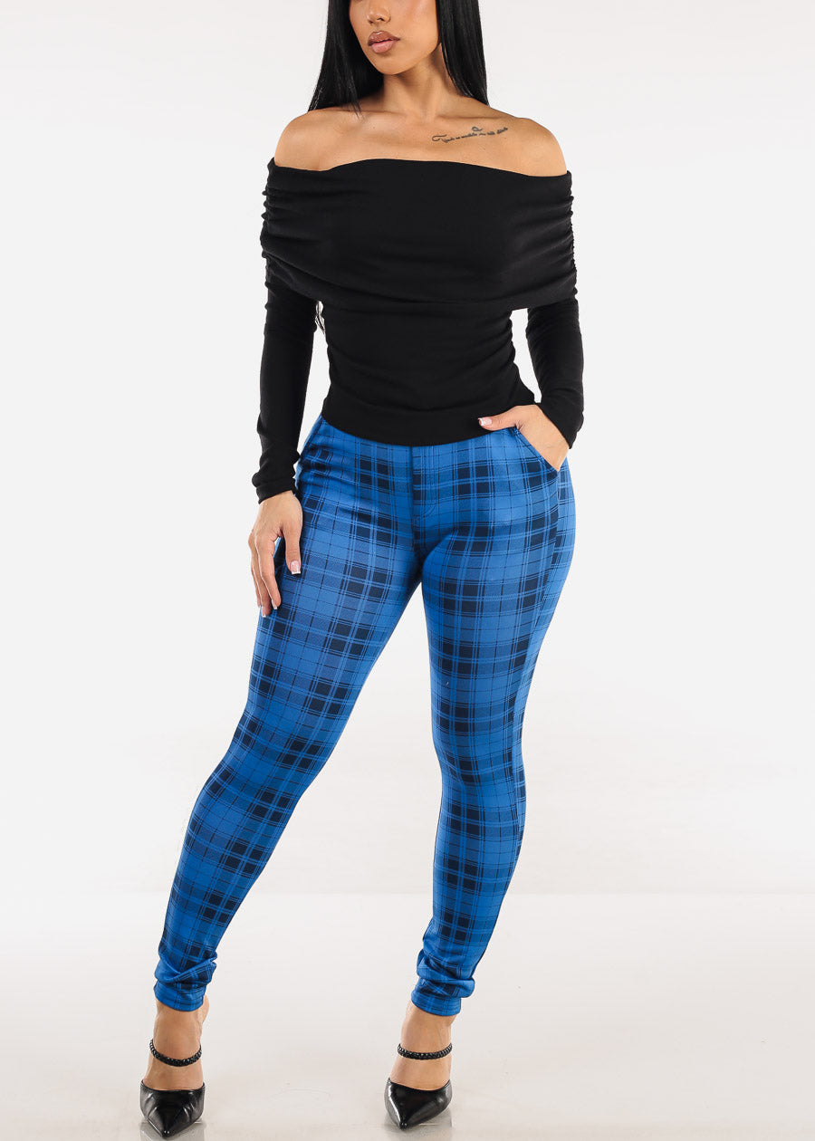 Ruched Off Shoulder Stretch Top Black