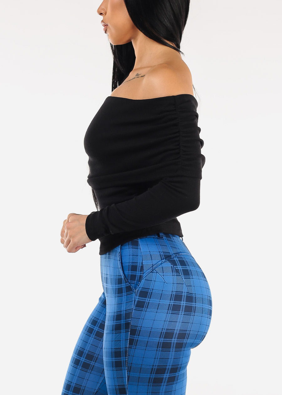 Ruched Off Shoulder Stretch Top Black