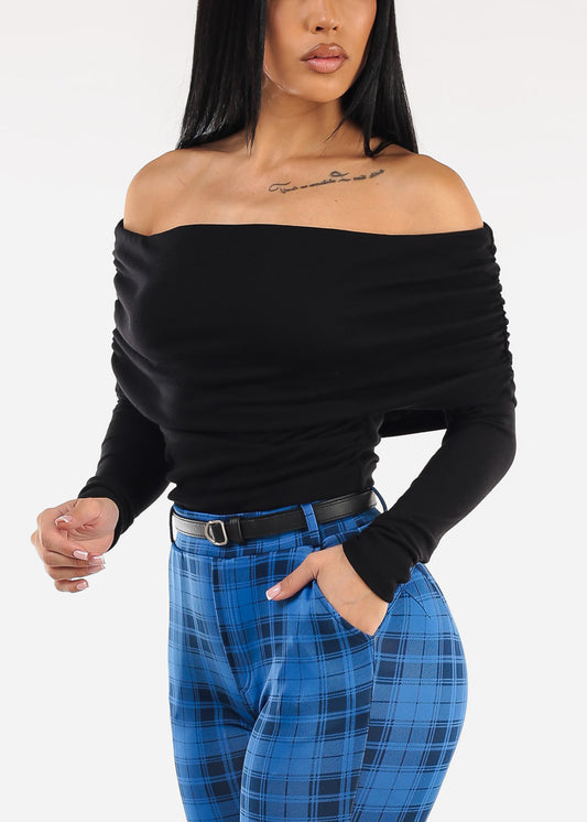 Ruched Off Shoulder Stretch Top Black