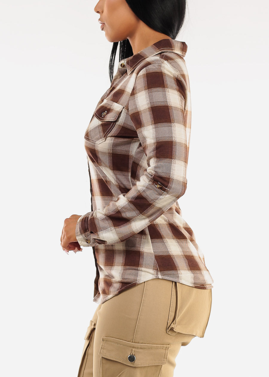 Long Sleeve Button Up Plaid Shirt Ivory & Brown