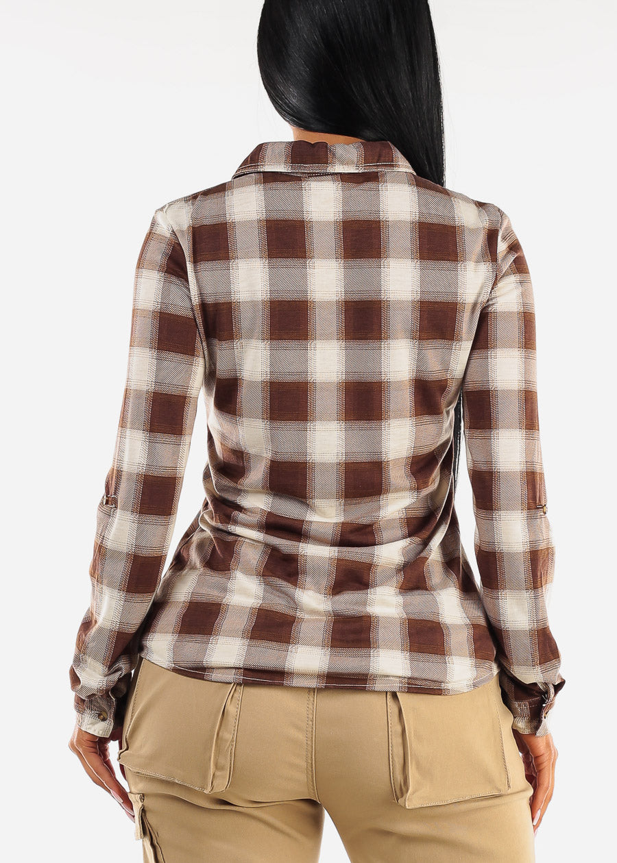 Long Sleeve Button Up Plaid Shirt Ivory & Brown