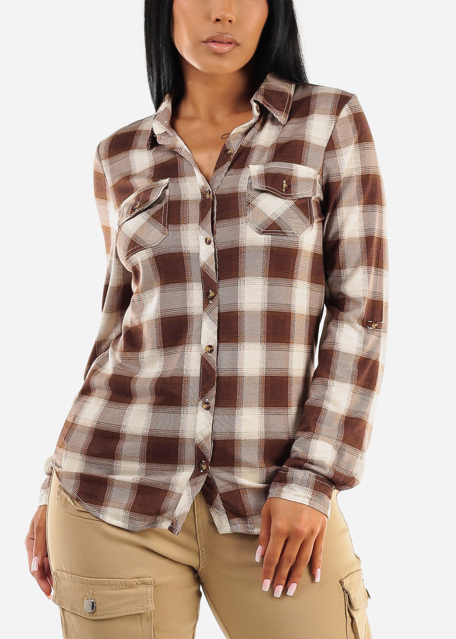 Long Sleeve Button Up Plaid Shirt Ivory & Brown