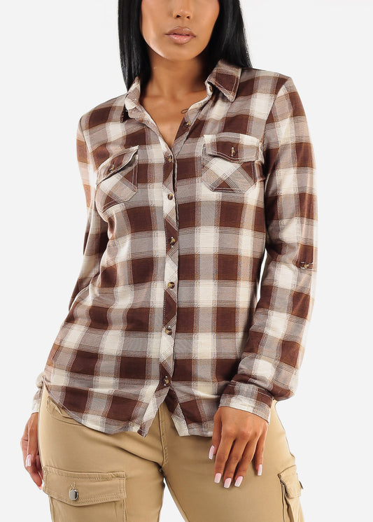 Long Sleeve Button Up Plaid Shirt Ivory & Brown