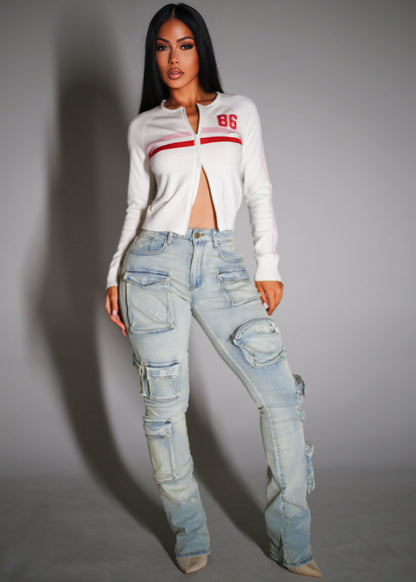 Long Sleeve Zip Up Stretch Sweater Off White