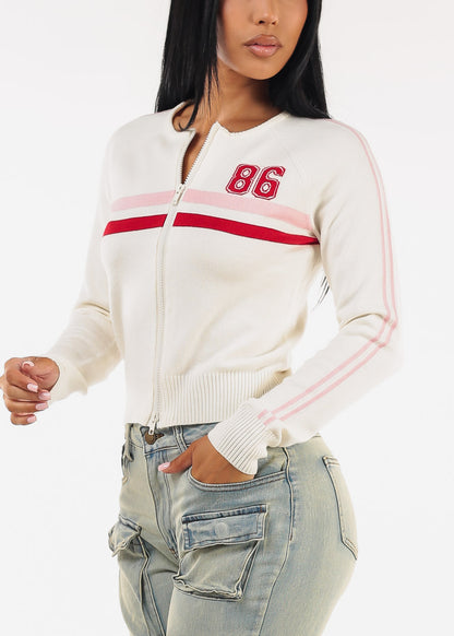 Long Sleeve Zip Up Stretch Sweater Off White