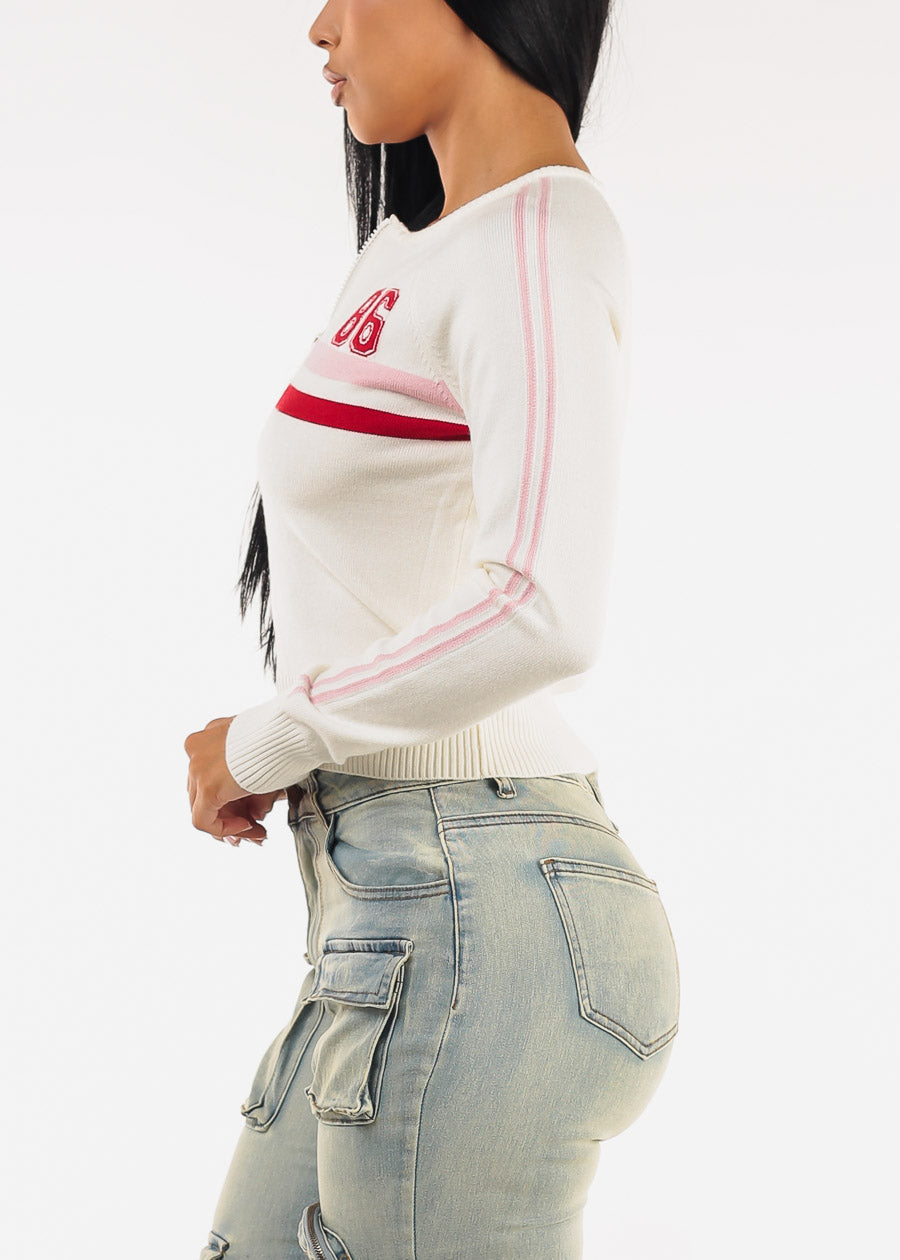 Long Sleeve Zip Up Stretch Sweater Off White